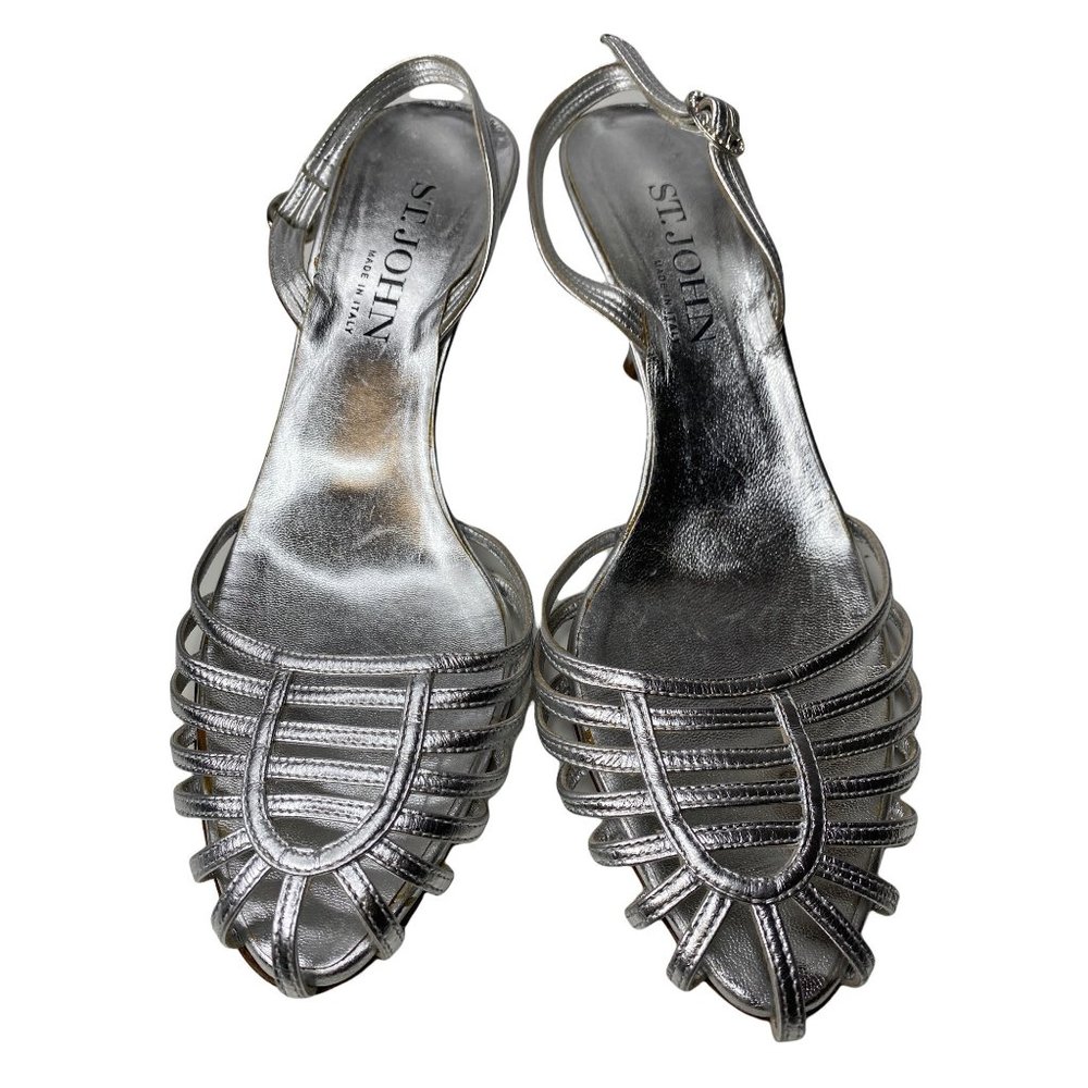 ST JOHN Silver Leather Sling Back 3' Heel